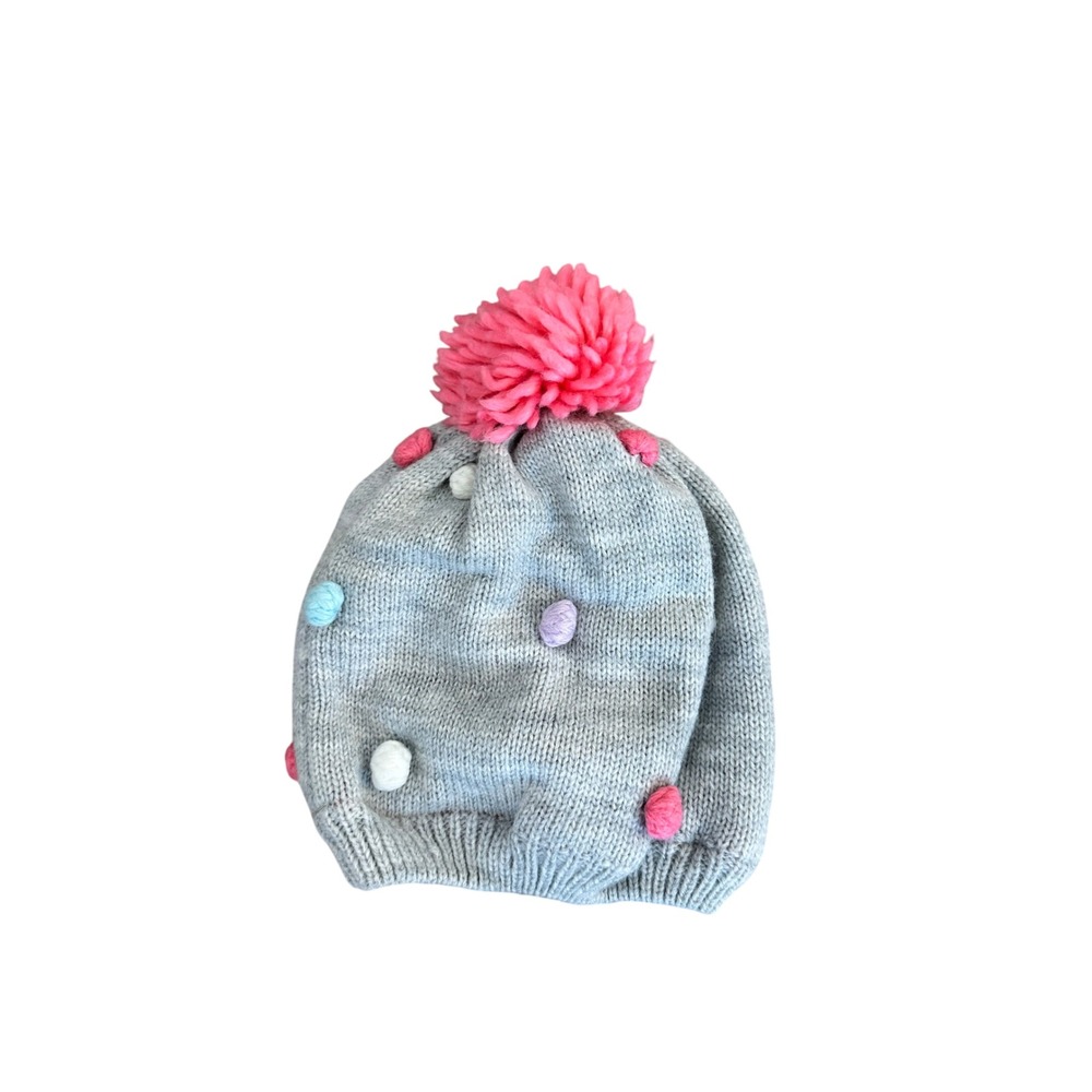 Carters Kids 2T-4T Gray Knit Beanie Pink Pom Pom Multicolor‎ Pom Poms